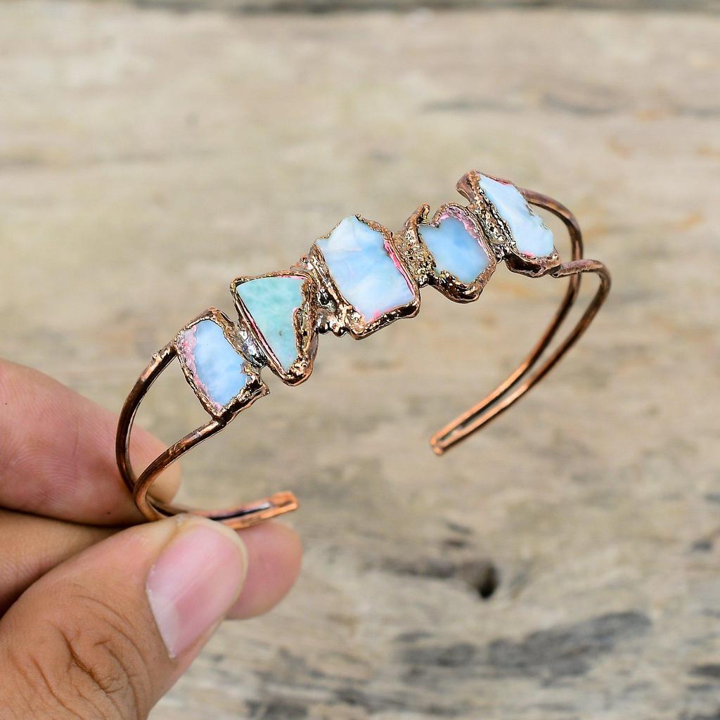 Larimar Rohes Manschettenarmband Elektrogeformtes Kupfer Armreif Edelsteinarmband Handarbeit verstellbares Manschettenarmband Elektrogeformter Schmuck als Geschenk