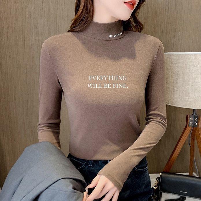 German Velvet Half-high Collar Printed Bottoming Shirt Women's Autumn and Winter Plus Velvet Long-sleeved T-shirt Slim-fit Warm  Top