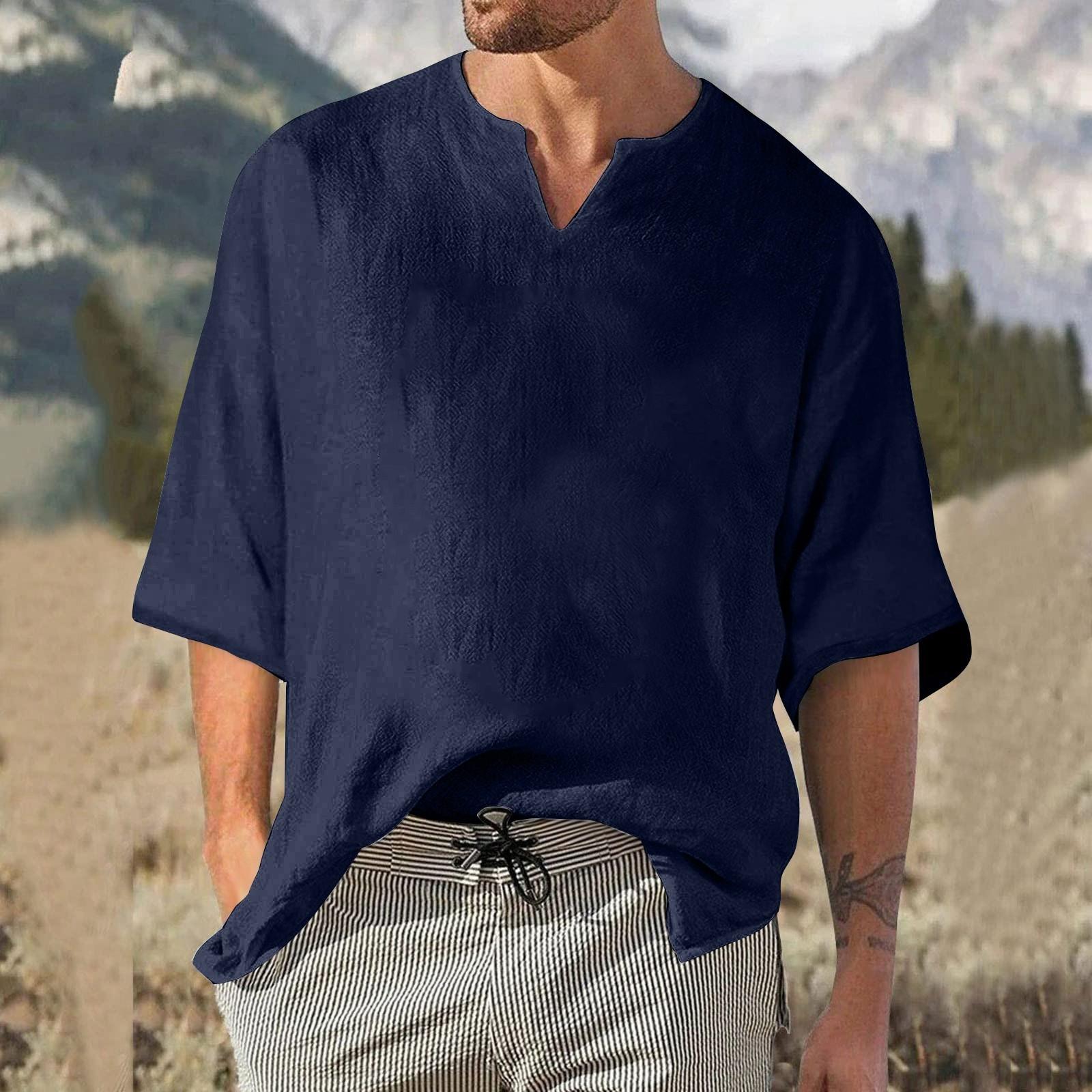 

Мужской однотонный плиссированный топ с рукавом четверть, мужской топ с v-образным вырезом в стиле ретро L тёмно-синий