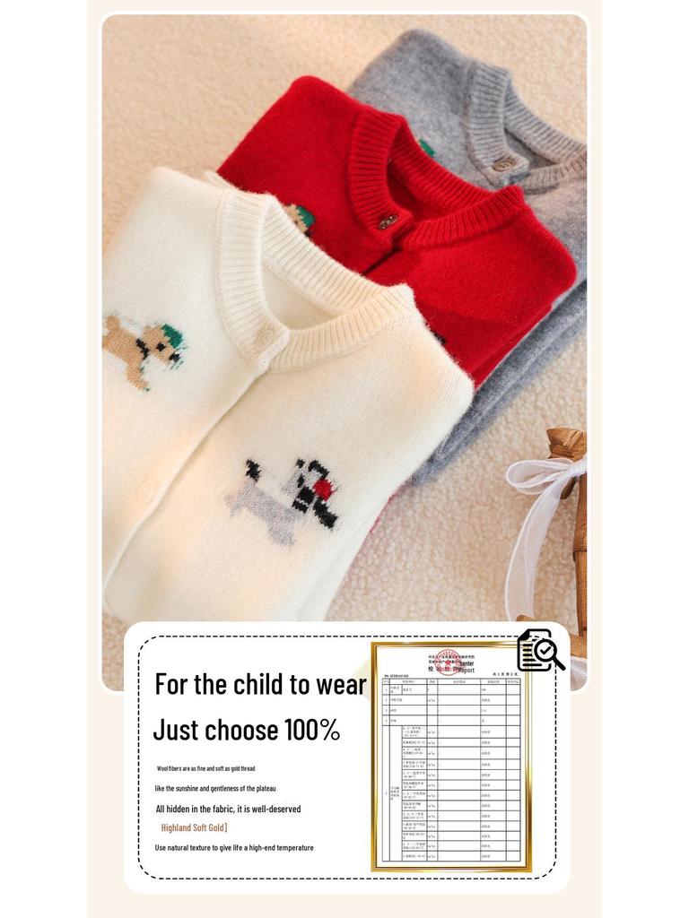 Kinder-Cardigan aus 100% reiner Wolle, gestrickt, mit Cartoon-Motiv, koreanischer Stil, Rundhals-Pullover für Jungen und Mädchen