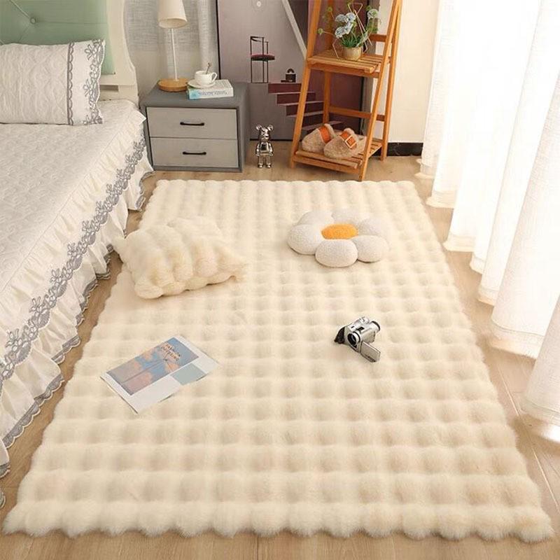 Alfombra de Felpa de Piel de Conejo Imitación Crema: Alfombra de Piso de Felpa Burbuja para Dormitorio, Mesita de Noche, Sala de Estar, Cojín para Ventana Mirador, Manta