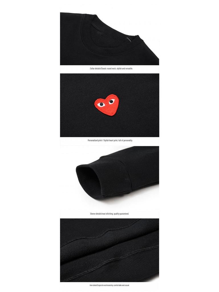 HEYPLAY Japanese Red Heart Fleece-Lined Sweatshirt: Unisex Round Neck Long Sleeve Pullover In Solid Color, Couple Style.