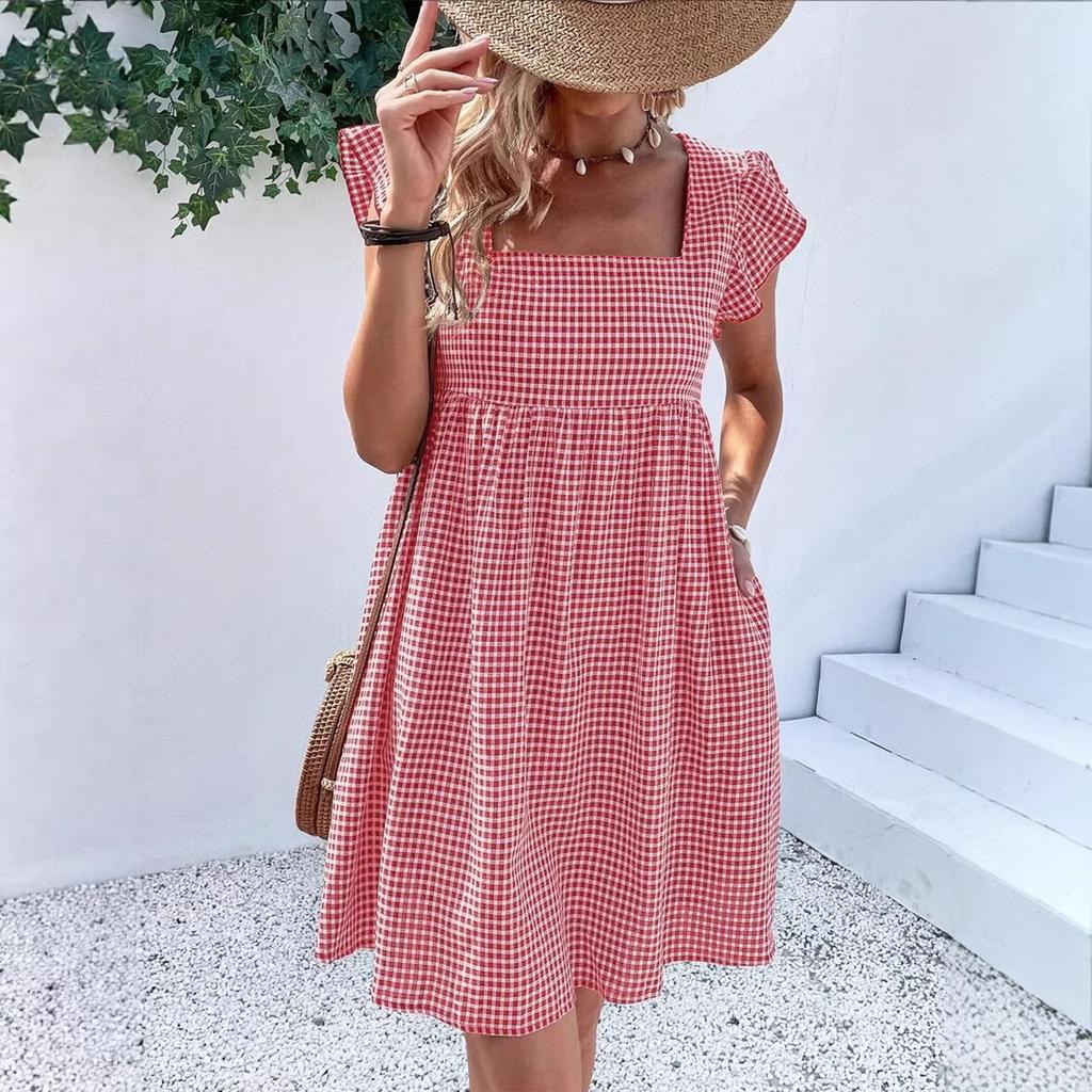 Women's Square Neck Dress with Ruffle Sleeves High Waist Gingham Pattern Casual Loose Fit Summer Dress