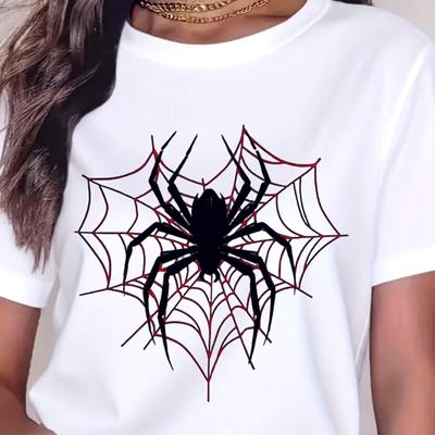 New Spider Printed Round Neck Short Sleeve Unisexs Casual Fit Versatile Basic Tshirt Heart Spider Web Pattern Top For Daily
