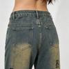 Womens High-Waist Straight Leg Jeans Vintage Washed Cotton Denim Wide Pants Non-Stretch