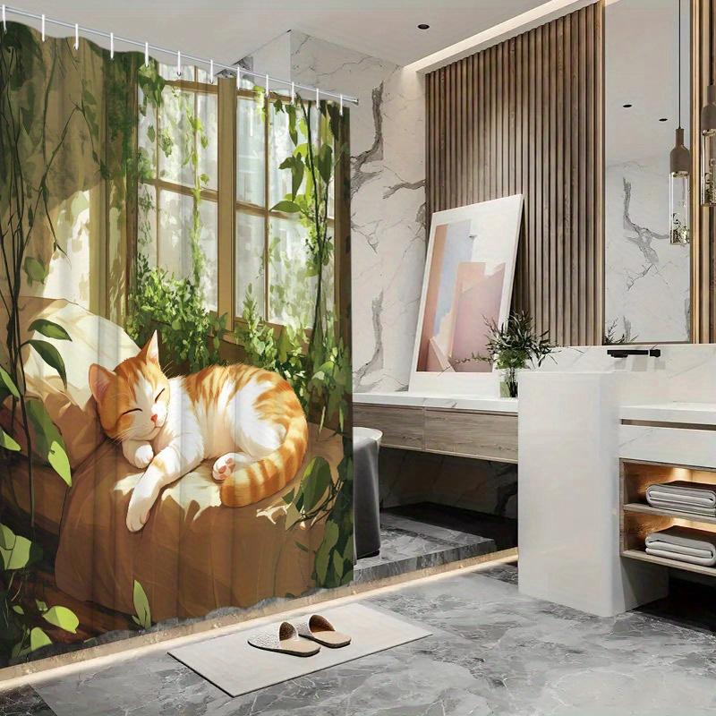 Sunlit Cat Shower Curtain - Orange & White Cat Napping, Greenery & Sunlight, 70.8x70.8 , 12 Hooks, Washable Polyester W90XH180cm