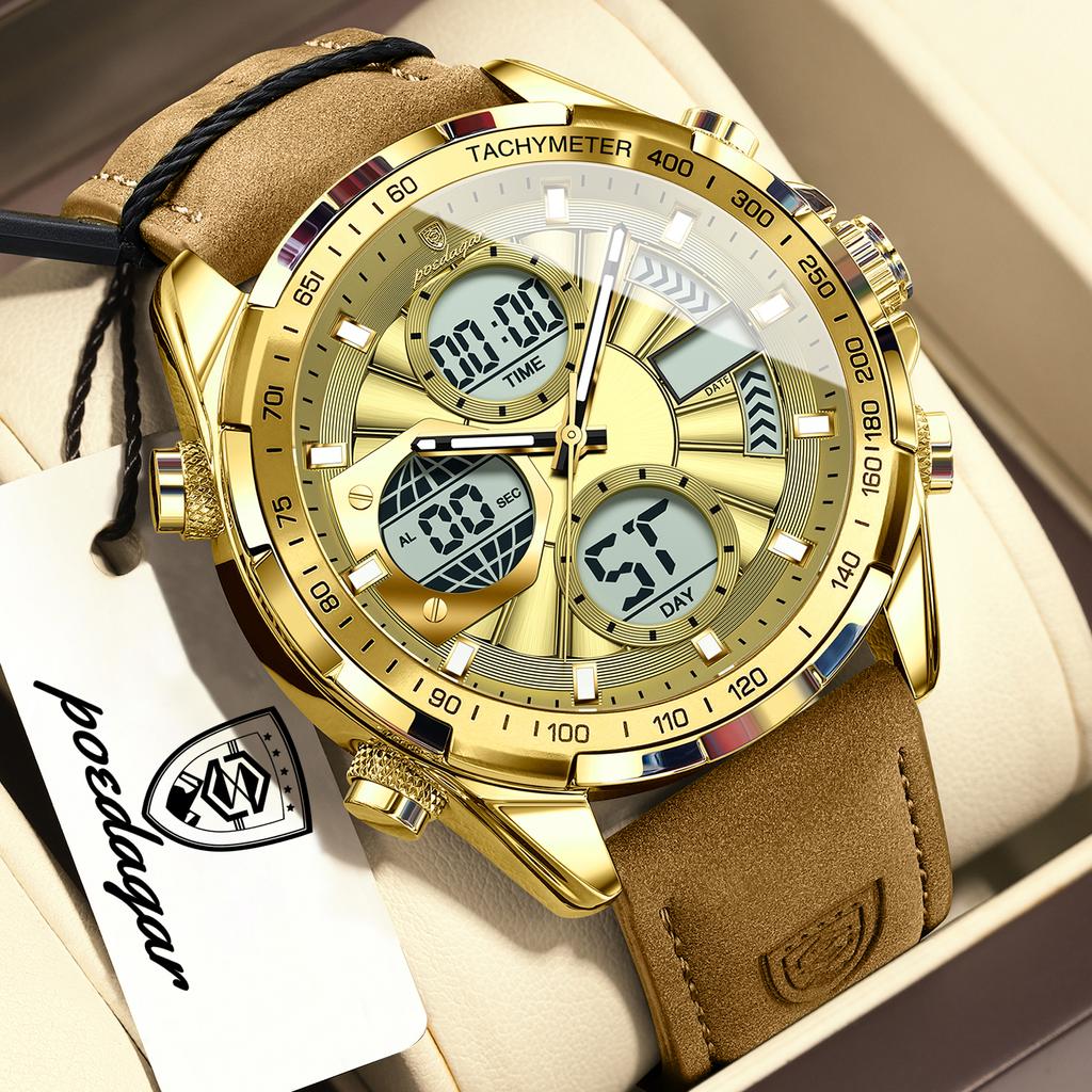 POEDAGAR Men Wristwatch Week Date Digital LED Quartz Fashion Clock Alarm Dual Time Display Electronic Luminous Watches