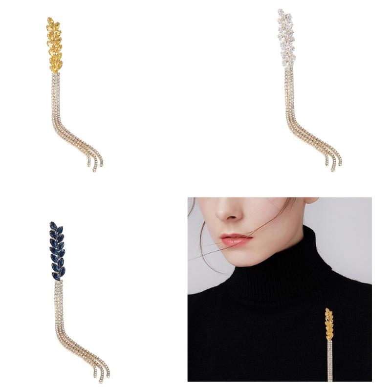 Elegant Women's Brooch with Long Thread Lapel Pin Stylish Wheat Ear Jewelry Flowing Fringe Sparkling Crystal Lapel Pins