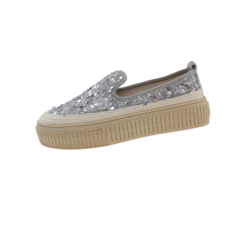 Korean Style Women's Summer Mesh Sequin Loafers - Breathable Slip-on with Thick Sole
