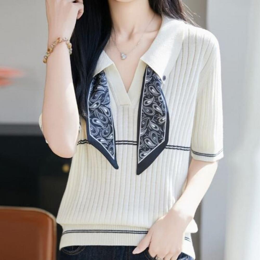 Navava Women Ribbed Scarf Collar Neck ShorT Sleeve KniT T Nk3630