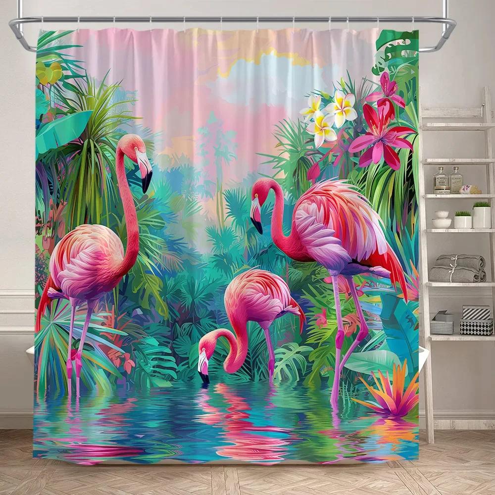Tropical Jungle Flamingo Shower Curtains Animals Lake Lotus Flowers Palm Tree Plant Forest Scenery Fabric Bathroom Curtain Decor