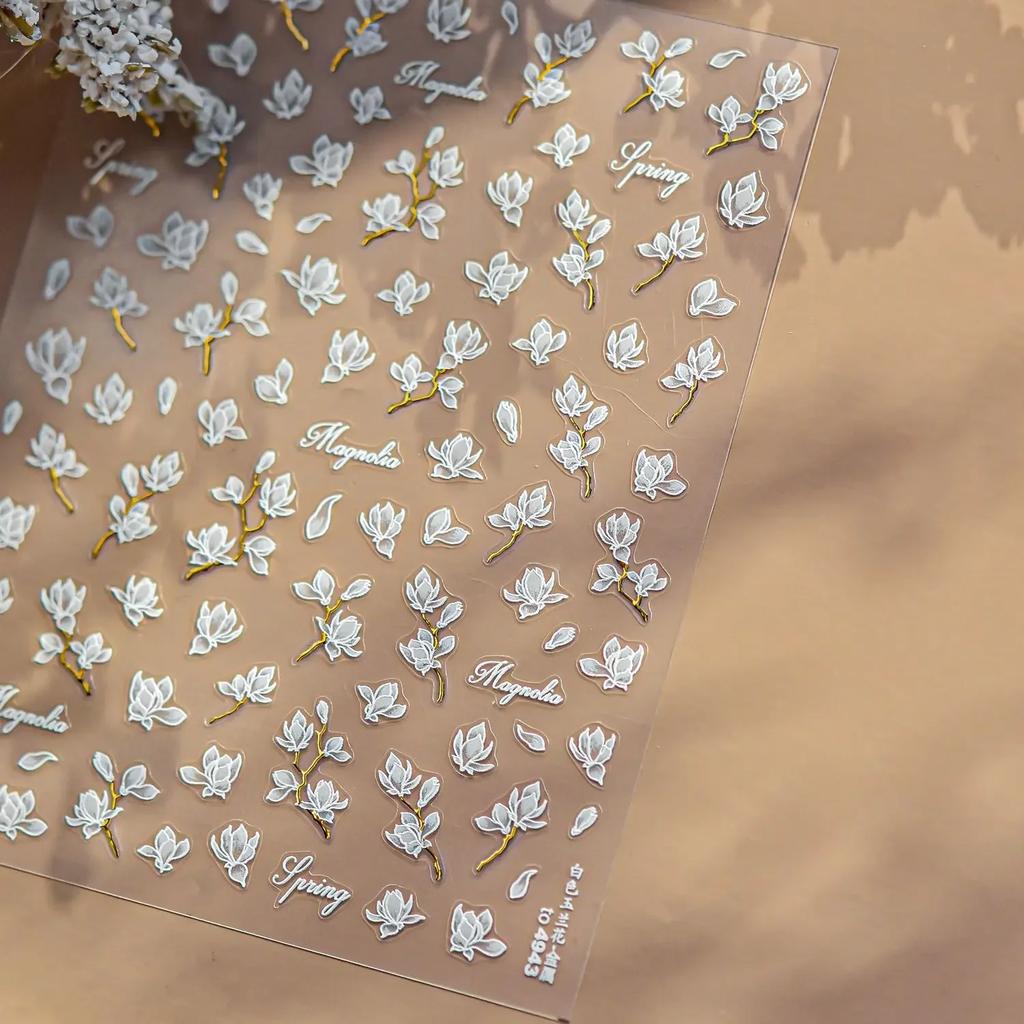 White Flower Gold Leaf Floral Petal Tulip Bloom Charming Retro Metal Soft Self Adhesive 5D Nail Art Sticker Manicure Decal DIY