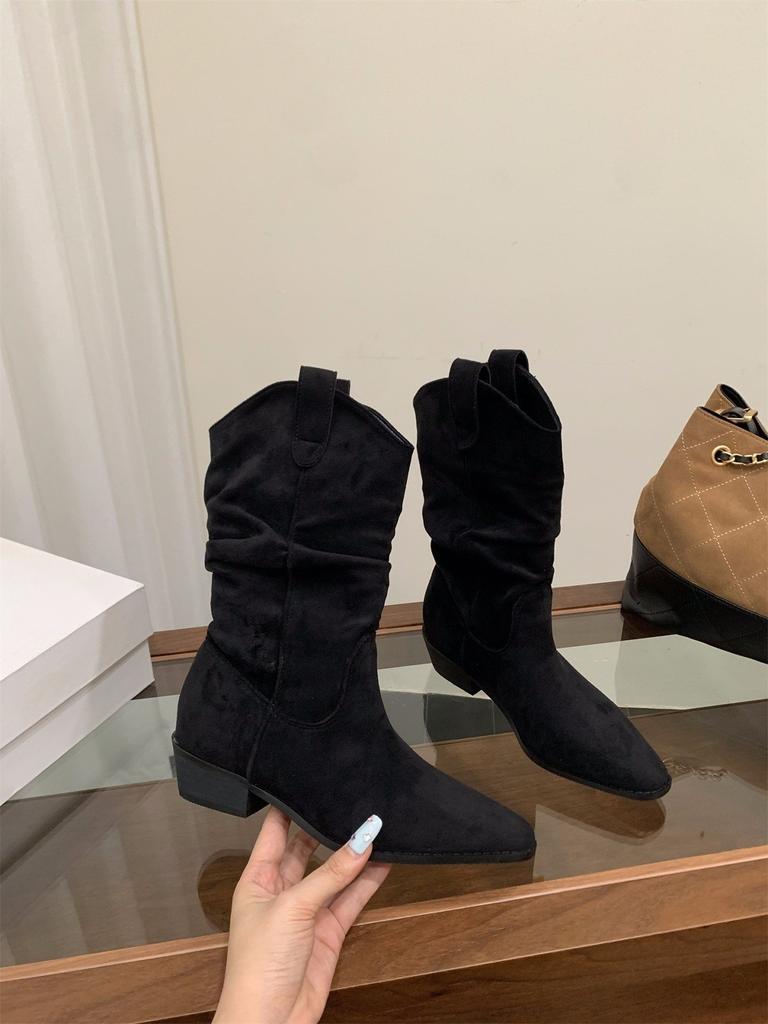 Grobe Ferse Khaki Wildleder Flor Mittlere Ritterstiefel Damenstiefel Saison Spitze V-Ausschnitt Skinny Kurze Stiefel