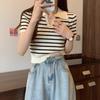 Women's 2025 Striped Ice Silk Knitted Polo Collar Short Sleeve Slim Top