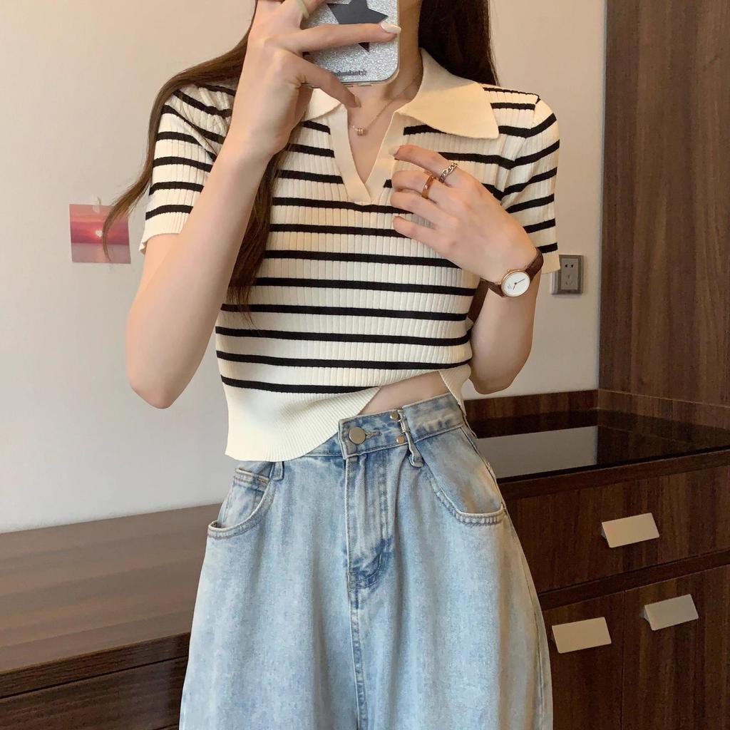 Women's 2025 Striped Ice Silk Knitted Polo Collar Short Sleeve Slim Top