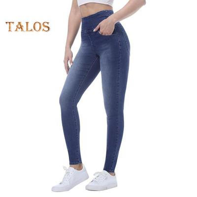 High-Waist-Jeanshose mit Taschen, elastischem Bund, schmale Passform, lange Hose, einfarbig, Röhrenjeans für Damen
