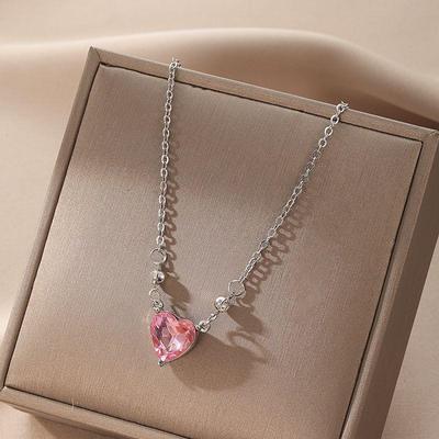 Kadınlar İçin Pembe Aşk Zirkonyum Kolye Yaz Aylarında Tatlı ve Şirin Çok Yönlü Yaka Zinciri