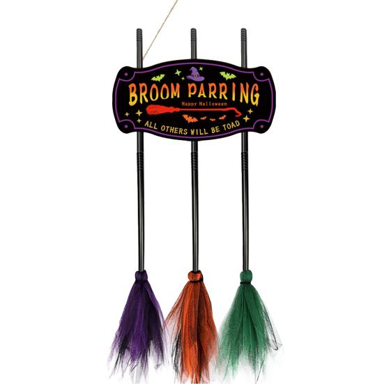Hanging Broomstick Holiday Ornaments Halloween Broom Parking Sign with 3 Witch Brooms, Hocus Pocus Themed Wooden Sign, Yard And Porch