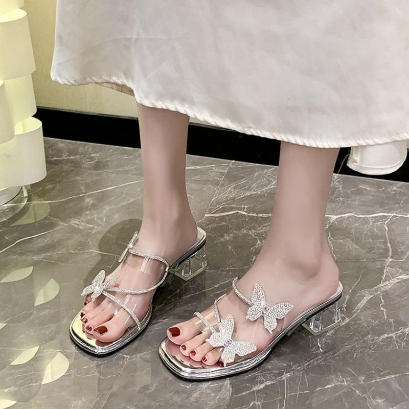 Fashion Butterfly-Knot Square Toe Glitter Slides Women's Sandals Slipers Women Transparent Fashion Low Heel Heeled Mules