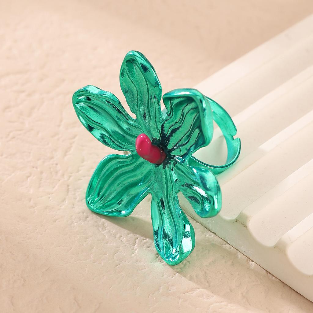 Exaggerated Metal Texture Large Flower Rings for Women Ladies Colorful Drop Oil Adjustable Rings Vacation Jewelry Accessories