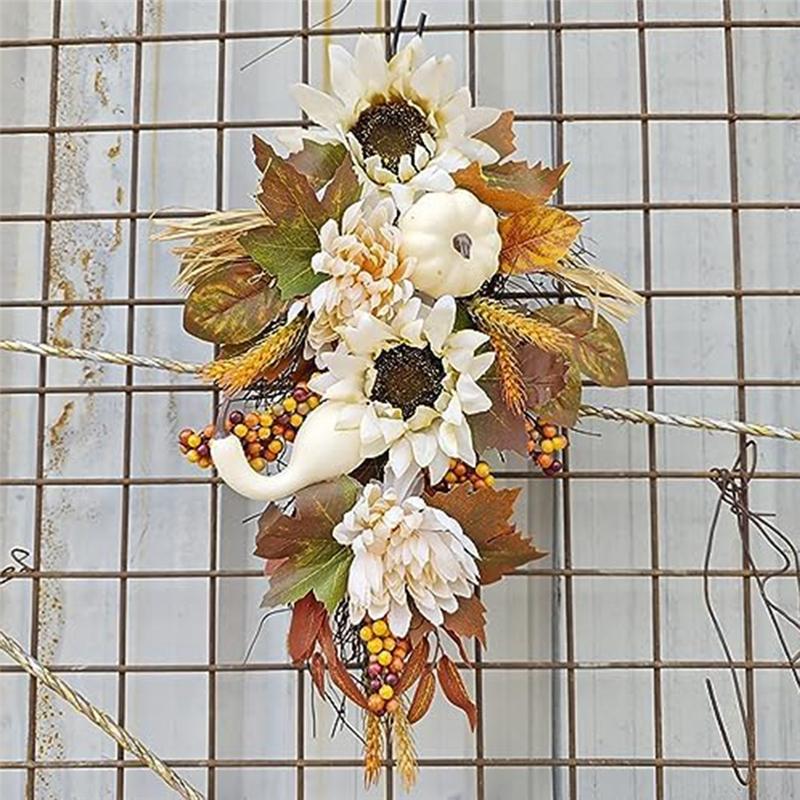 M-Modern-Artificial Pumpkins Wreaths White Pumpkin Maple Leaf With Leaves Flower Fall Door Garland Thanksgiving Theme