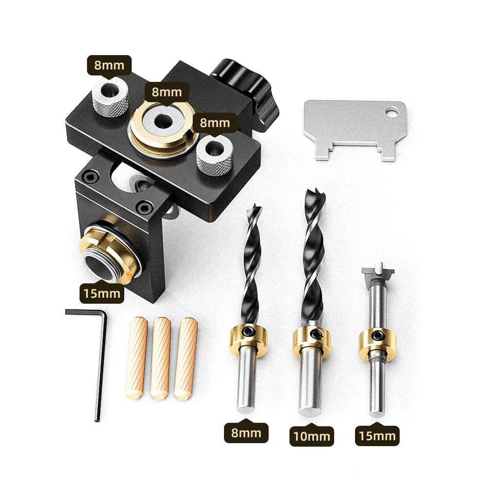 

Кондуктор для шкантов из алюминиевого сплава 3 в 1 с сверлами 6/8/10/12/15 мм, соединительное отверстие для мебели 01