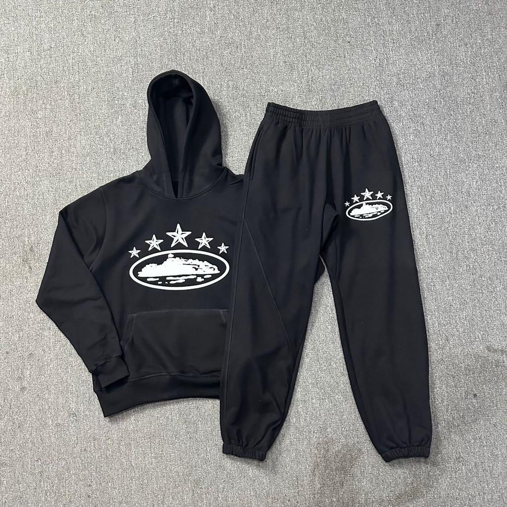 Corteiz Classic Series Ship Print Logo Thin Plush Loop Hooded Sweater, Trendy Men's and Women's Casual Sweatpants