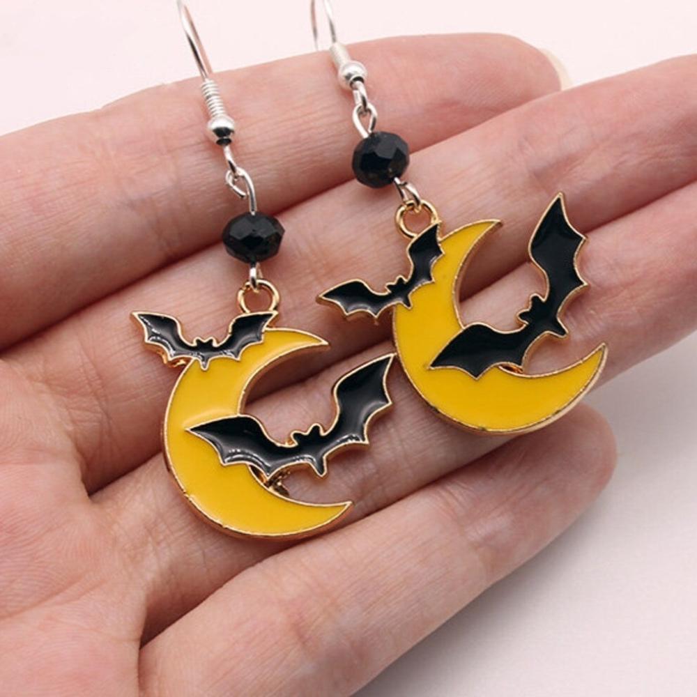 Creative Gothic Yellow Drip Glaze Crescent Moon Black Vampire Bat Dangle Earrings for Women Halloween Party Cute Jewelry Gifts