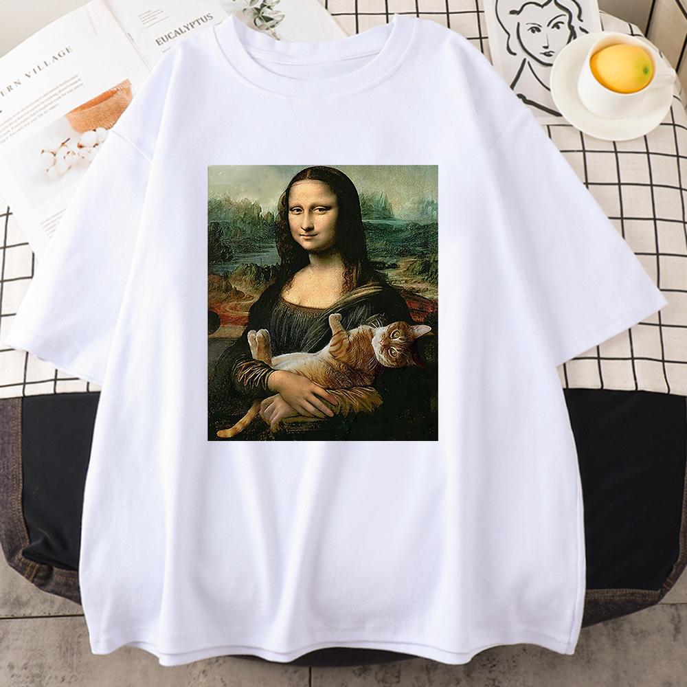 Funny Mona Lisa And Cat Printed T-Shirt For Men Summer Cotton T Shirt Loose Breathable Clothing Street Fashion Casual Short Tees