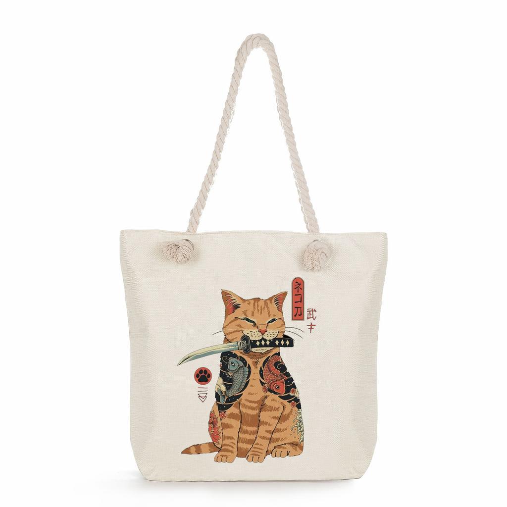 Samurai Cat Print Thick Rope Single-shoulder Beach Bag 7235