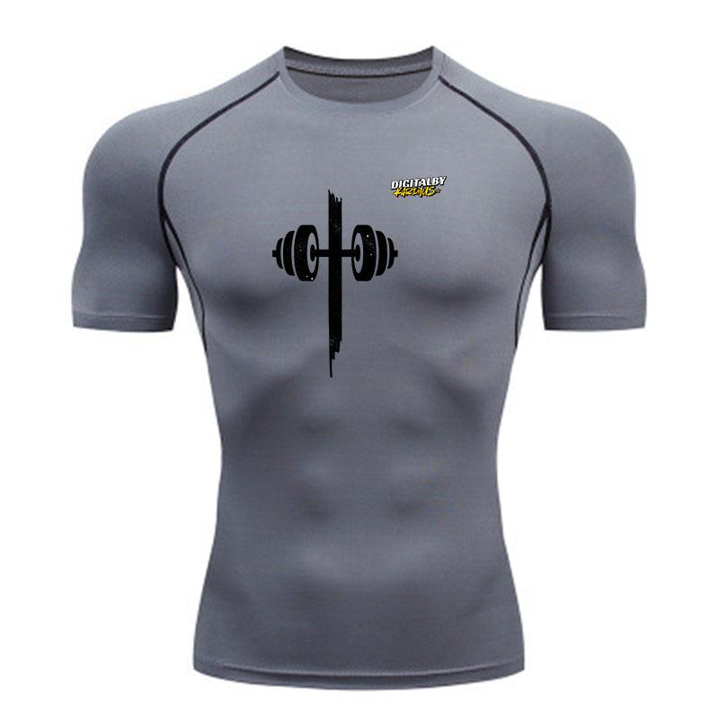 Men's Quick Dry Compression Fitness T-Shirt, Dumbbell Cross