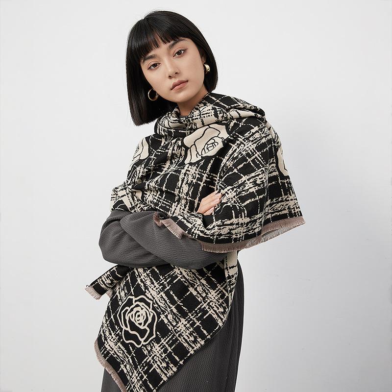 Premium Temperament Imitation Cashmere Scarf Women'S Small Fragrance Double-Sided Rose Tide Shawl Imitation Cashmere Thickened