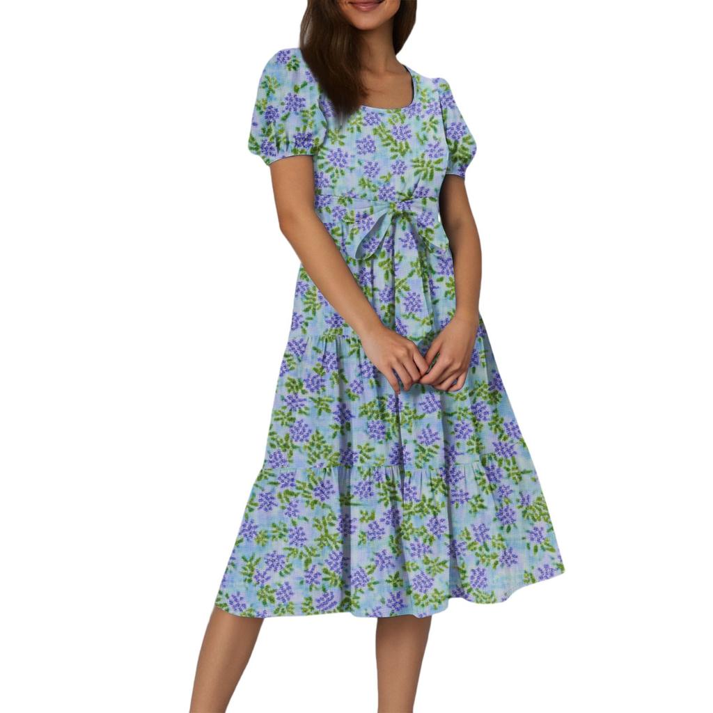 Women's Summer Floral Print Short Sleeves Neck Waistband Bohemian Flowy Maxi Dress With Pockets