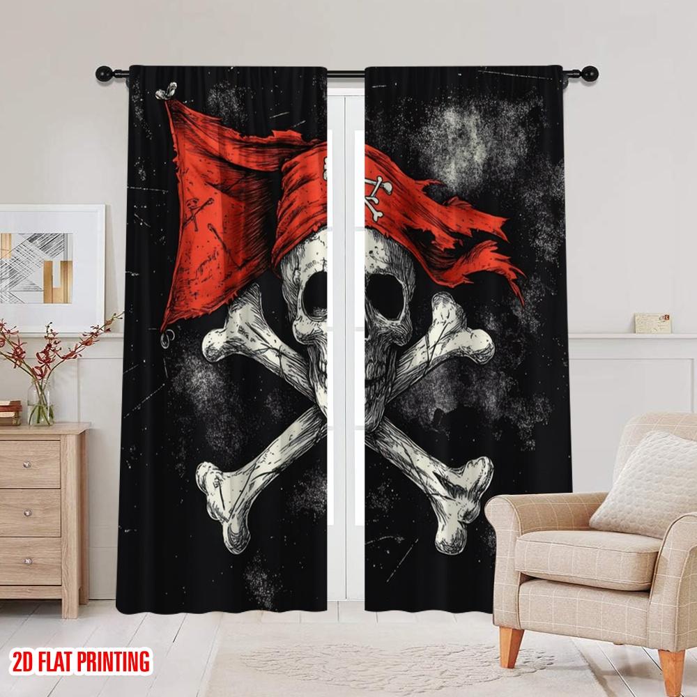 2 Stück, 2D-Flachdruckmuster Vorhänge Piratenemblem Polyesterstoff (ohne Stange) Urlaubs-Ldeal für Schlafzimmer & verschiedene Wohnbereiche