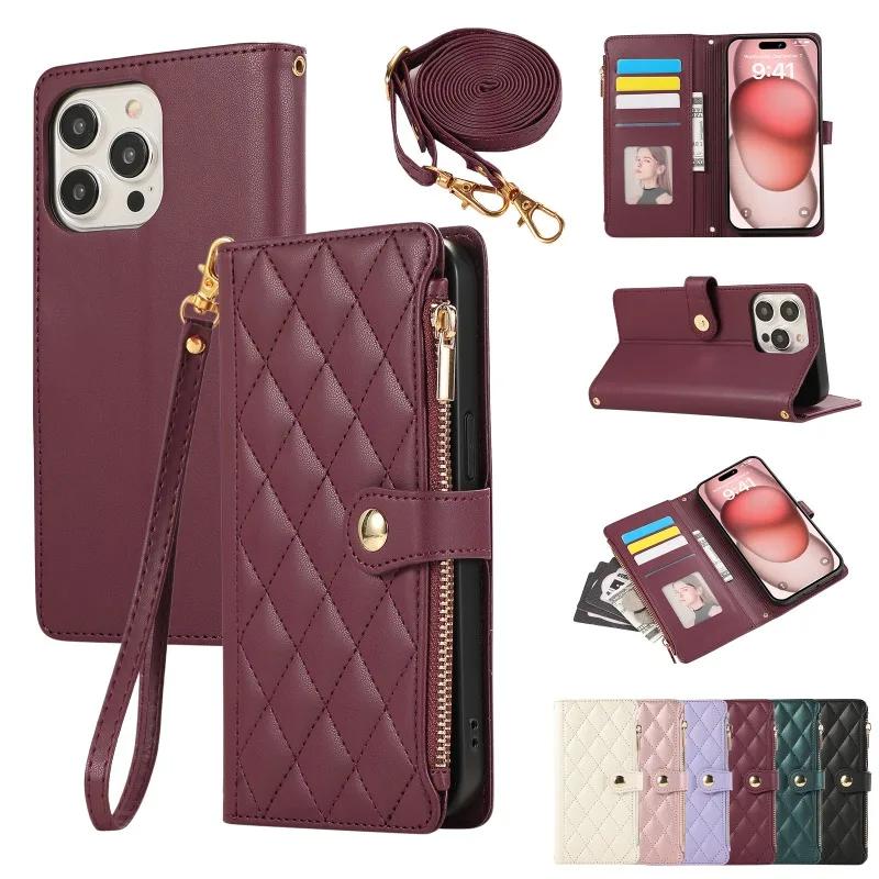Crossbody Wrist Strap Leather Phone Case for IPhone 16E 17 Ari 16 15 14 13 12 11 Pro Max XS 8 Plus Wallet with Card Holder Cover