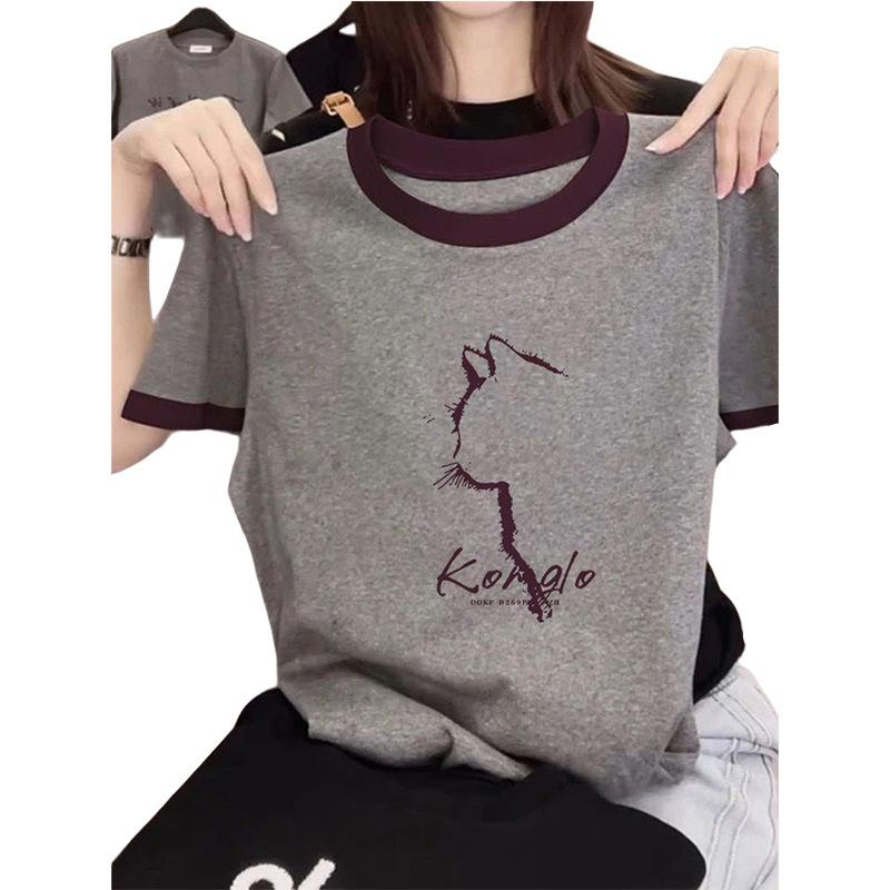 New color matching front shoulder pure cotton round neck short-sleeved t-shirt women's fashion versatile foreign style gray top summer