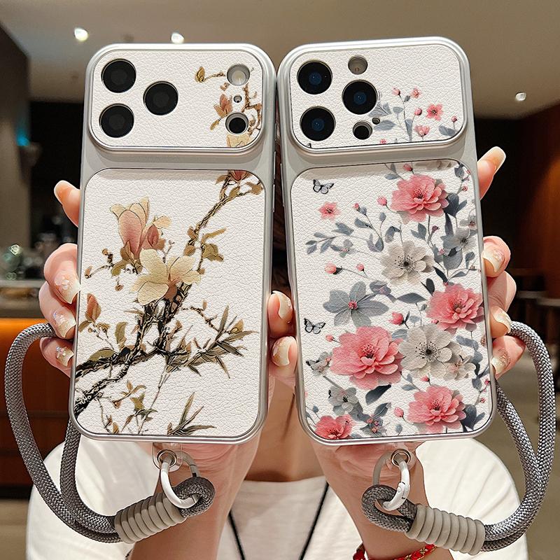 INS Floral Pattern Leather Lanyard Case For iPhone 18 Pro Max Hybrid TPU+PU Anti-skid Soft Cover For iPhone 17 16 15 14 13 Pro Max