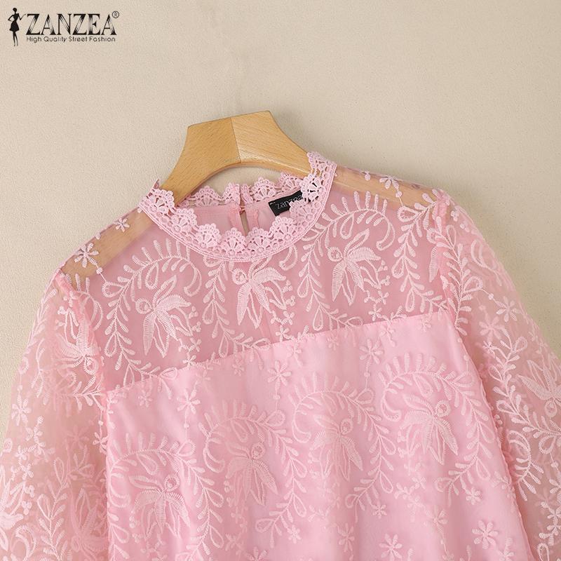 ZANZEA Damska letnia codzienna bluzka z rękawem 3/4, z haftowanym koronkowym patchworkiem