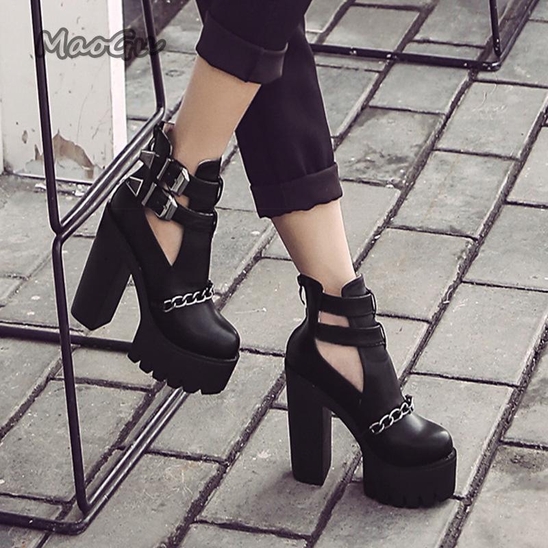 Punk Style Women's Short Boots Super High Heel Black Pumps Chain Decor Buckle Strap Booties Woman 2026 Platform Shoes Size35 42