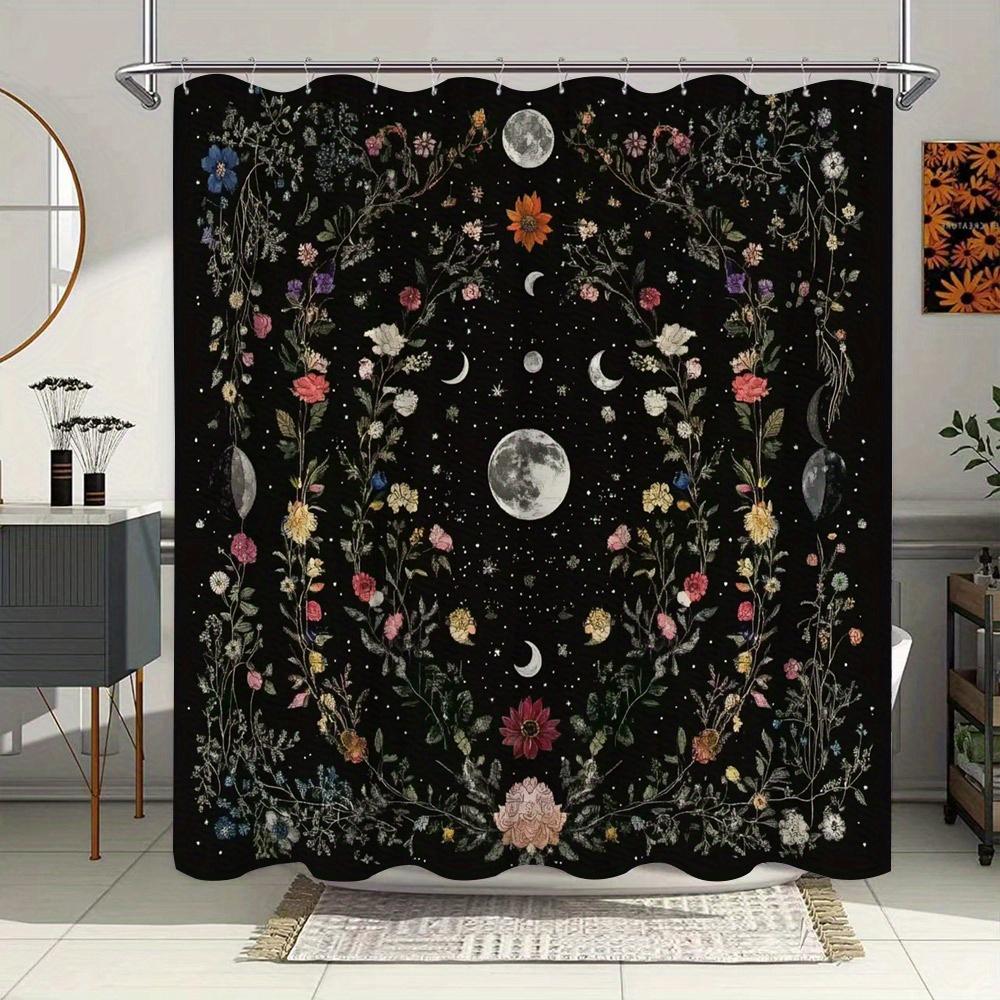

Mystical Floral And Moon Phases Waterproof Shower Curtain For Bathroom Decor, Modern Art Design, Vibrant Colors W60H190(CM)-1 Pcs