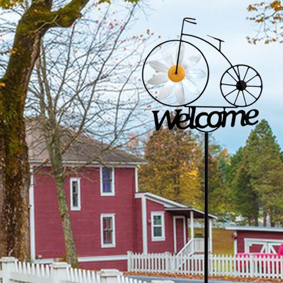 Gartenwindmühle Eisen Fahrradstil Windrad mit Willkommensschild Pfahl Außenwindmühle