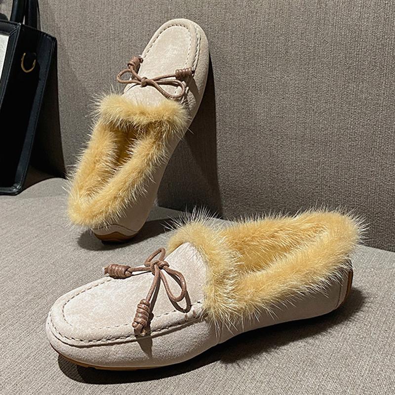 Mode 2025 Schleife Pelz Mokassins Damen Nerzhaar Stiefel Winter Plüsch Warme Ballerinas Echtes Leder Loafers Damen Shearling Baumwollschuhe