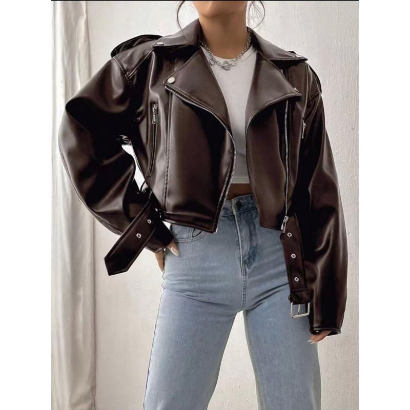 Womens Short PU Leather Moto Jacket Slim Fit Street Style Outerwear Black Wine Beige Brown Peach