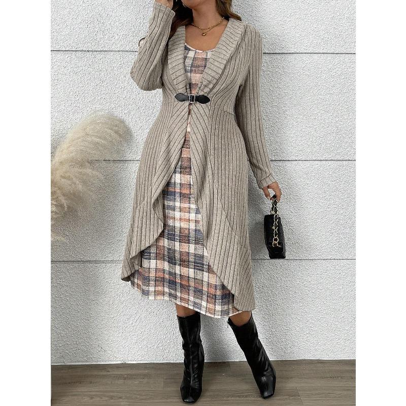women s Striped Knit Long Sleeve Long Open Cardigan Plaid Slip Midi Dress 2 Piece Casual Outfit Set S