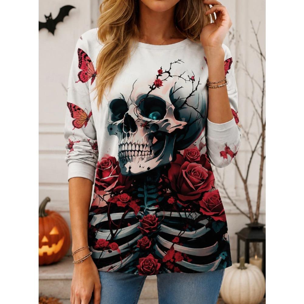 Tops for Women Skull Print Round Neck Long Sleeve T-shirt Fall Casual Slim Pullover Women's Long Sleeve Top