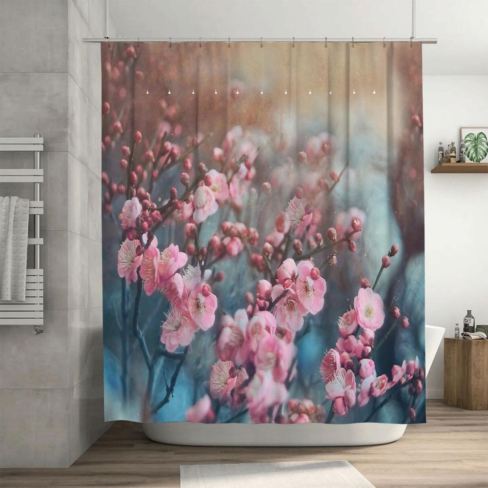 Cherry Blossom Shower Curtain Japanese Floral Nature Zen Spa Bathroom Decor Set
