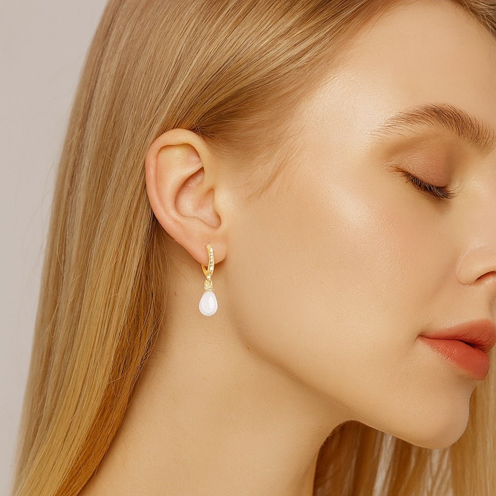 Pearl Drop Huggie Hoop Earrings - 925 Sterling Silver Yellow Plated