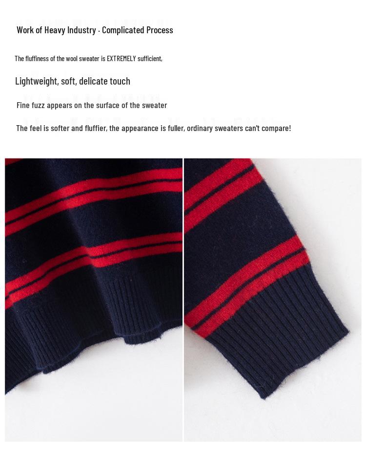 Women's 100% Pure Wool Color Block Stripe Round Neck Sweater - Warm, Casual Knitwear for New Year
