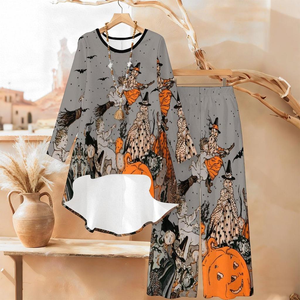 Halloween Print Two Piece Outfit Women Long Sleeve Irregular Hem Tunic Top Wide Leg Pants Casual Matching Set
