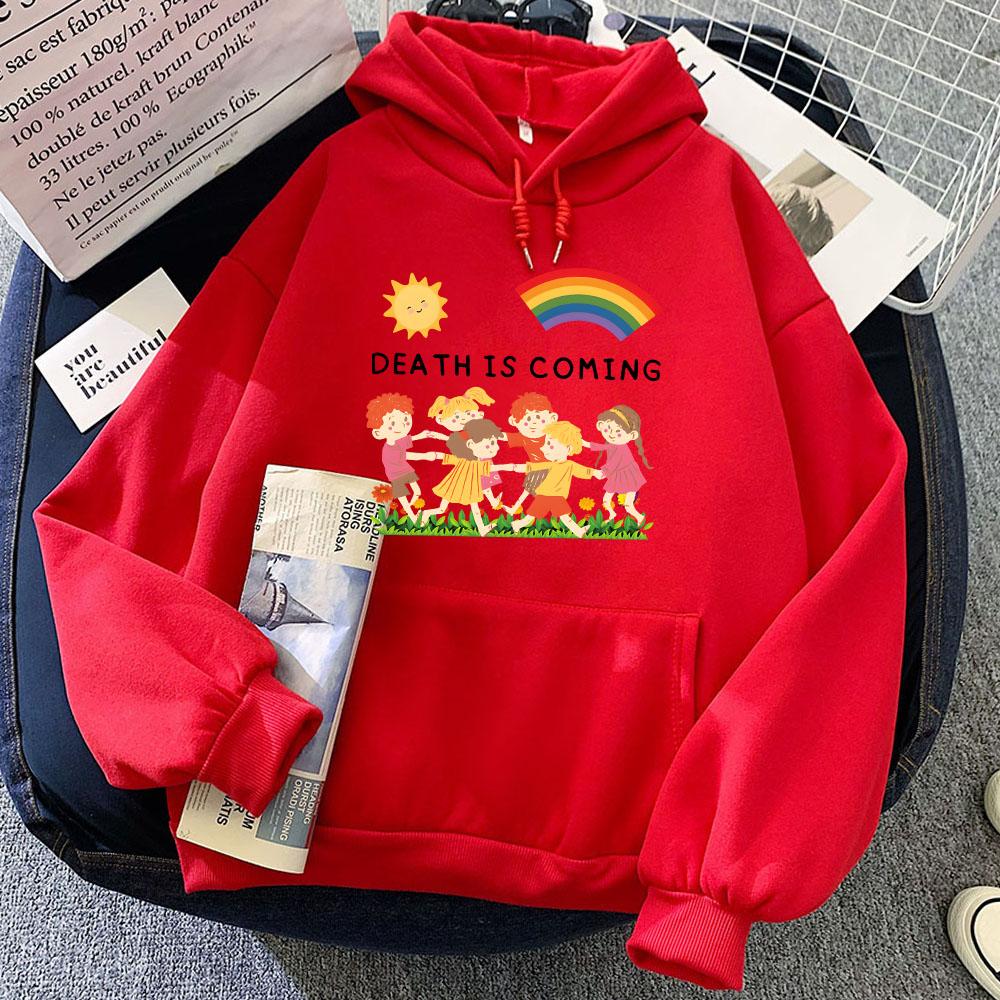 Graphic Clothes Death Is Coming Letter Printing Hoodies Women/Men Winter Comfortable Sweatshirts Hooded Cartoon Cute Hoody